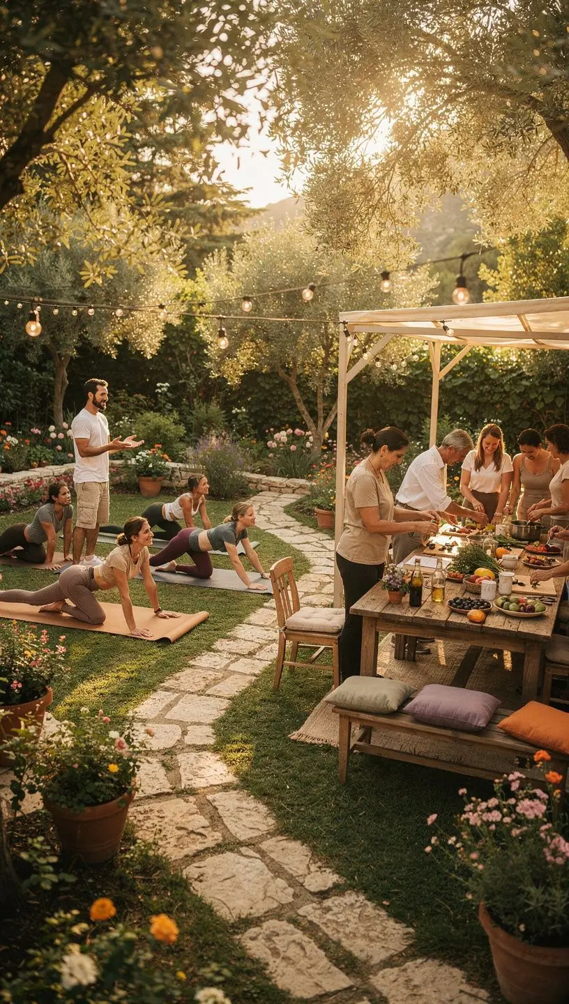 Γυναίκες που κάνουν γιόγκα σε φυσικό τοπίο με βουνά στο φόντο.