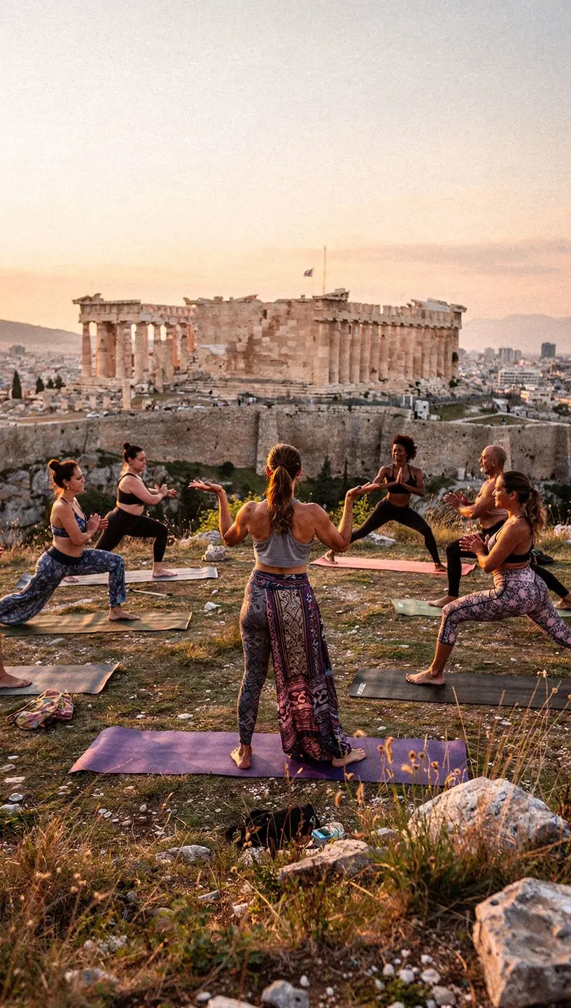 Μια γιόγκα τάξη σε εξωτερικό χώρο με θέα τη θάλασσα.