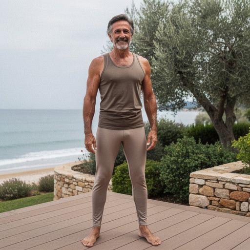 Μια ομάδα ατόμων που ασκούνται σε γιόγκα σε παραλία της Ελλάδας, απολαμβάνοντας τον ήλιο και τη φύση.